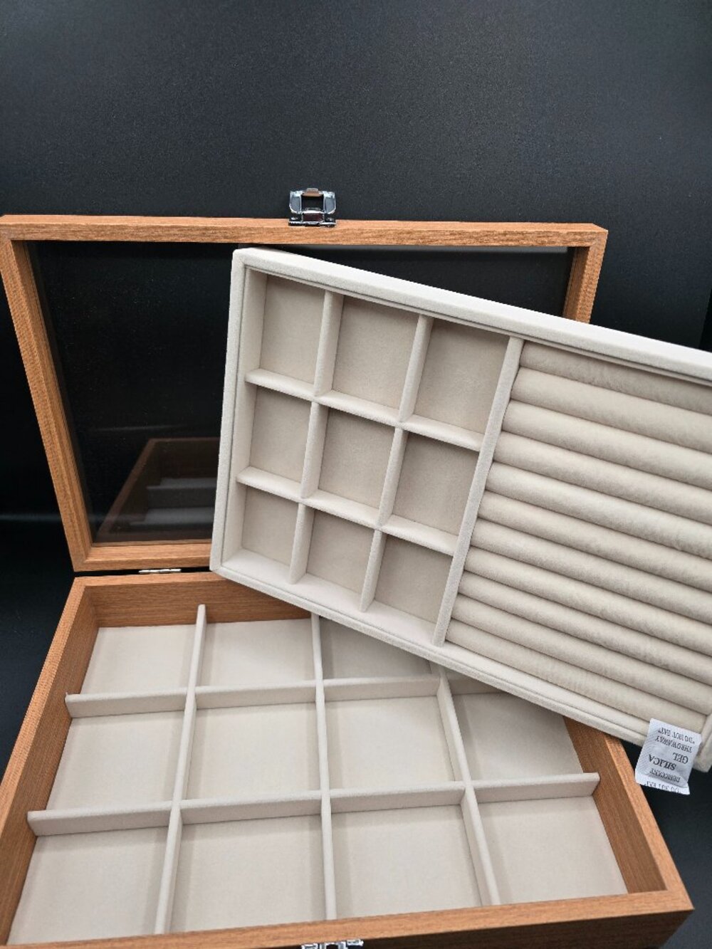 NIB Kloud City Wood Jewelry Organizer 2 Tray Stackable Velvet Display
